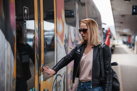 Young blond woman in jeans, shirt and leather jacket wearing bag and sunglass, presses door button of modern speed train to board on train station platform. Travel and transportation.の写真素材