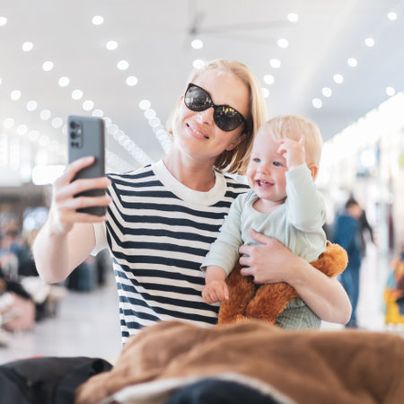 Mother taking selfie with mobile phone, while traveling with child, holding his infant baby boy at airport, waiting to board a plane. Travel with kids conceptの写真素材