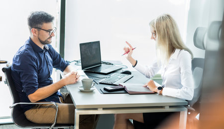 Business meeting. Client consulting. Confident business woman, real estate agent, financial advisor explaining details of project or financial product to client in officeの写真素材