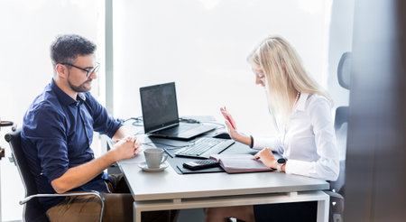 Business meeting. Client consulting. Confident business woman, real estate agent, financial advisor explaining details of project or financial product to client in officeの写真素材