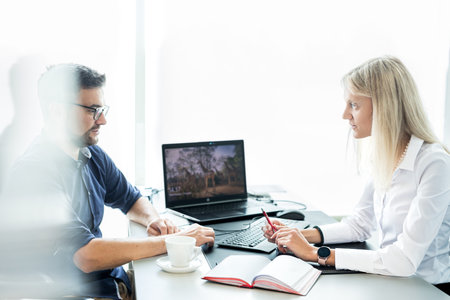 Business meeting. Client consulting. Confident business woman, real estate agent, financial advisor explaining details of project or financial product to client in officeの写真素材