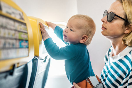 Mom and child flying by plane. Mother holding and playing with her infant baby boy child in her lap during economy comercial flight. Concept photo of air travel with baby. Real peopleの写真素材