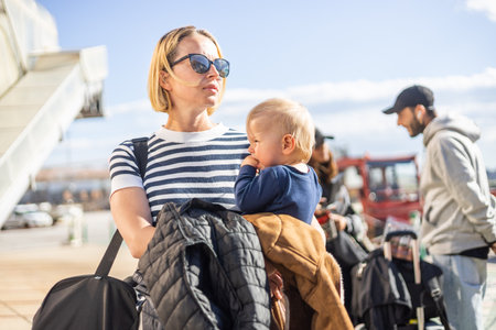 Motherat travelling with his infant baby boy child. Mom holding travel bag and her infant baby boy child while queuing for bus in front of airport terminal stationの写真素材
