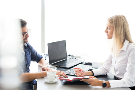 Business meeting. Client consulting. Confident business woman, real estate agent, financial advisor explaining details of project or financial product to client in officeの写真素材