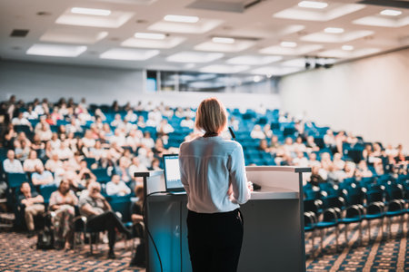 Female speaker giving a talk on corporate business conference. Unrecognizable people in audience at conference hall. Business and Entrepreneurship eventの写真素材