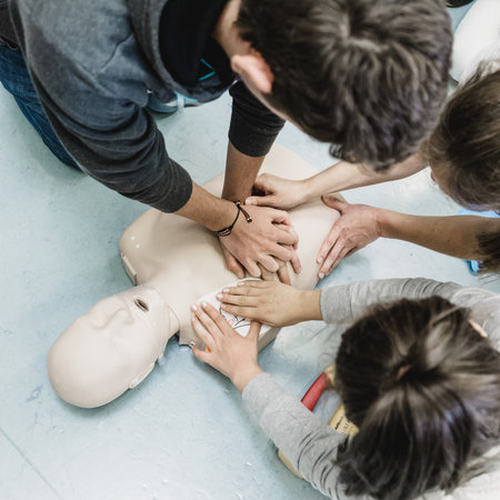 First aid cardiopulmonary resuscitation course using automated external defibrillator device, AED.の写真素材
