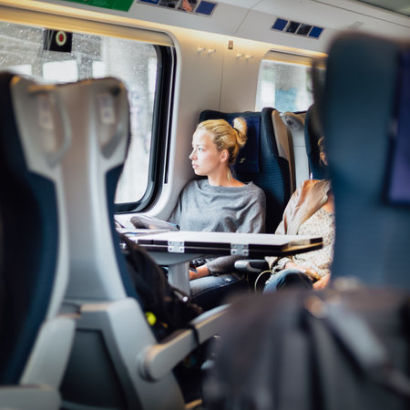 Blonde casual caucasian lady traveling by train.の写真素材