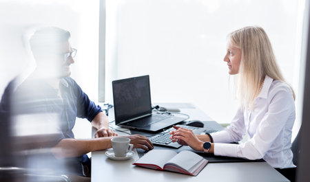 Business meeting. Client consulting. Confident business woman, real estate agent, financial advisor explaining details of project or financial product to client in officeの写真素材