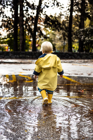 Small blond infant boy wearing yellow rubber boots and yellow waterproof raincoat walking in puddles on a overcast rainy day. Child in the rainの写真素材