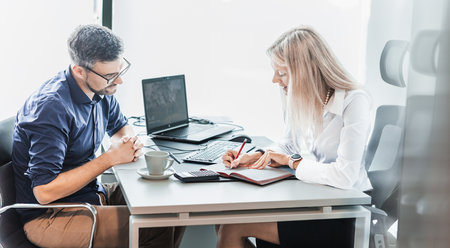 Business meeting. Client consulting. Confident business woman, real estate agent, financial advisor explaining details of project or financial product to client in officeの写真素材