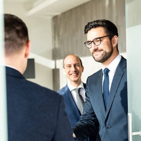 Group of confident business people greeting with a handshake at business meeting in modern office. Closing the deal agreement by shaking hands. Business and entrepreneurship success concept.の写真素材