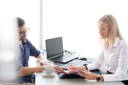Business meeting. Client consulting. Confident business woman, real estate agent, financial advisor explaining details of project or financial product to client in officeの写真素材
