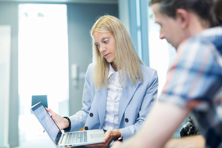 Business meeting. Client consulting. Confident business woman, real estate agent, financial advisor explaining details of project or financial product to client in officeの写真素材
