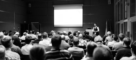 Speaker Giving a Talk at Business Meeting. Audience in the conference hall. Business and Entrepreneurship concept. Black and white.の写真素材