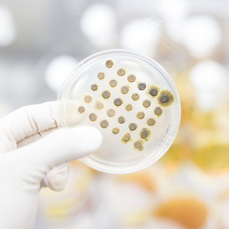 Scientist growing bacteria in petri dishes on agar gel as a part of scientific experiment.の写真素材