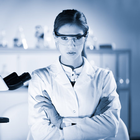 Portrait of a attractive, young, confident female health care professional in hes working environment. Blue toned black and white image.の写真素材