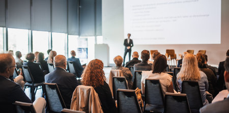 Speaker giving a talk in conference hall at business event. Rear view of unrecognizable people in audience at the conference hall. Business and entrepreneurship conceptの写真素材