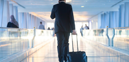 Rear view of unrecognizable formaly dressed businessman walking and wheeling a trolley suitcase at the lobby, talking on a mobile phone. Business travel concept.の写真素材