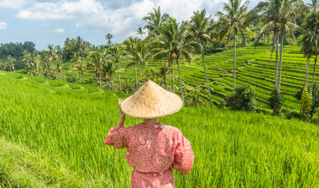 Relaxed fashionable caucasian woman wearing red asian style kimono and traditional asian paddy hat looking at beautiful green rice fields and terraces on Bali island.の写真素材
