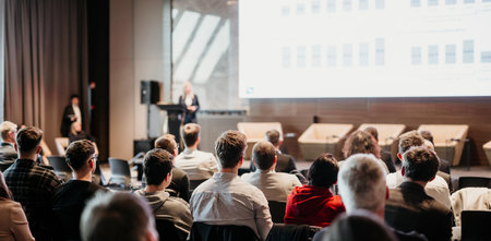 Female speaker giving a talk on corporate business conference. Unrecognizable people in audience at...
