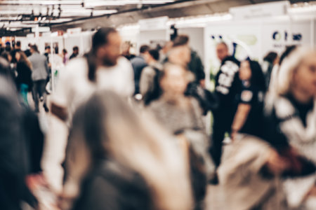 Abstract blurred people at exhibition hall of expo event trade show. Business convention show or job fair. Business concept backgroundの写真素材