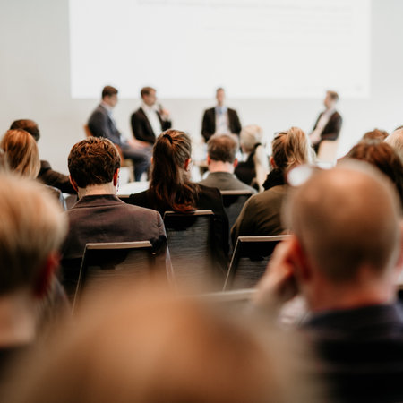 Interview and round table discussion at business convention and presentation. Audience at the...