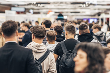 Abstract blurred people at exhibition hall of expo event trade show. Business convention show or job fair. Business concept background.の写真素材