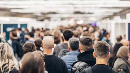 Abstract blurred people at exhibition hall of expo event trade show. Business convention show or job...