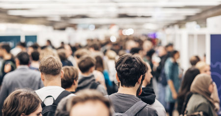 Abstract blurred people at exhibition hall of expo event trade show. Business convention show or job...