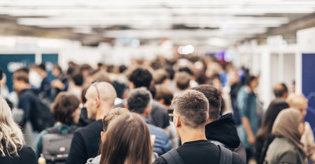Abstract blurred people at exhibition hall of expo event trade show. Business convention show or job fair. Business concept background.の写真素材