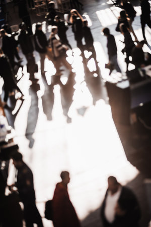 Abstract blurred people at exhibition hall. Business convention show or job fair. Business concept backgroundの写真素材