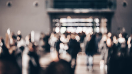 Abstract blurred people at exhibition hall of expo event trade show. Business convention show or job fair. Business concept backgroundの写真素材