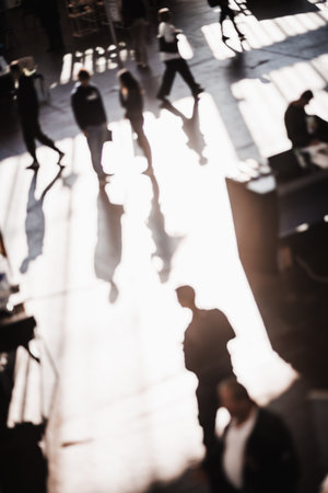 Abstract blurred people at exhibition hall of expo event trade show. Business convention show or job fair. Business concept backgroundの写真素材