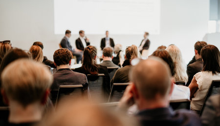 Interview and round table discussion at business convention and presentation. Audience at the conference hall. Business and entrepreneurship symposium.の写真素材