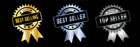 Best seller gold, silver and bronze label set,  Premium Best selling stamp in the rubber style set, best selling tags, Best selling stamp with ribbon, Top badge, award designのイラスト素材