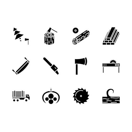 Logging line icon set isolated over white, forestry equipment, logging truck, timber, wood, lumber, tools. Vector illustrationのイラスト素材