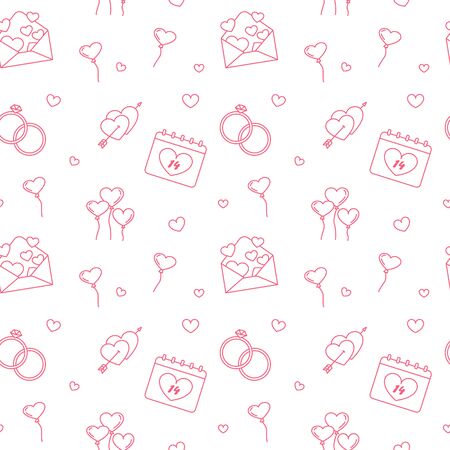 Pattern of valentine's day symbols. Symbols of love - heart, arrow, valentine, gift, rose, ring, messageのイラスト素材