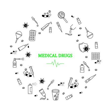 Disease prevention. Drug, Pharmacy Medical Silhouette Flat Icons. Effervescent Pills, Cough Syrup Bottle, Gel, Antibiotic Capsule and other Pharmaceutical Pictogram. Vector icons setのイラスト素材
