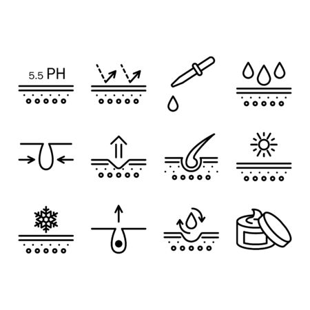 Skin care icon set. Included icons as collagen, medical cosmetic, sunscreen, facial cream, healthy skin, wrinkle and moreのイラスト素材