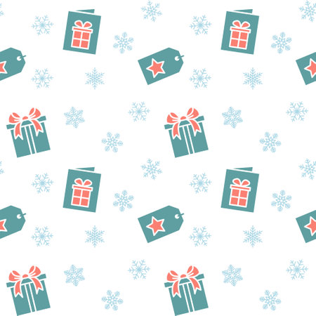 Snowflake and gift seamless pattern. Holiday, winter background. Ornament for paper wrap, fabric print, wallpaper decor. Vector Illustration.のイラスト素材