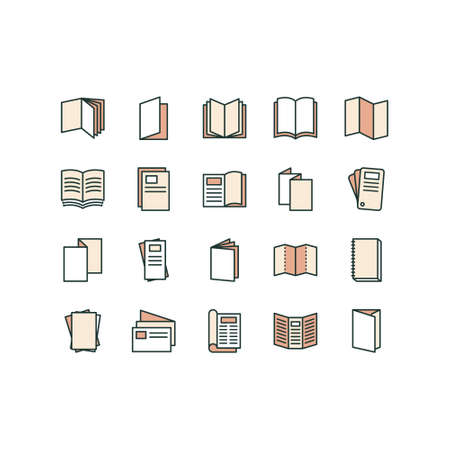 Brochure, booklet, flyer, leaflet, catalog flat line icons. Outline set vector icons for web design isolated on white background.のイラスト素材