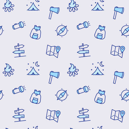 Seamless pattern with camping equipment. Isolated travel and picnic equipment on blue background. Vector illustration for wallpaper.のイラスト素材