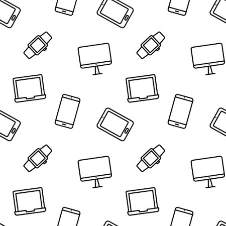 Seamless gadgets and devices pattern. Electronic devices including a laptop, smartphone, mobile phone, monitor. Vector illustration.のイラスト素材