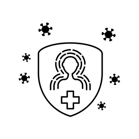 Immunity flat line icons set. Antibacterial protection or immune system. Healthy man reflect bacteria attack with shield. Simple flat vector illustration for store, web site or mobile app.のイラスト素材