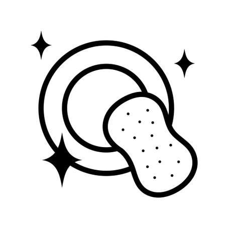 Clean dishes flat line icon. Shiny plate stack, wash kitchen utensil, pile tableware. Outline sign for mobile concept and web design, store.のイラスト素材