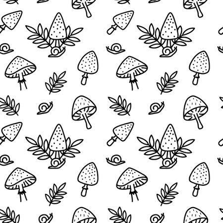 Seamless vector pattern with mushrooms. Amanita forest mushrooms. For fabric, paper, wrap, textile, poster, scrapbooking, wallpaper or background, for web site or mobile app.のイラスト素材
