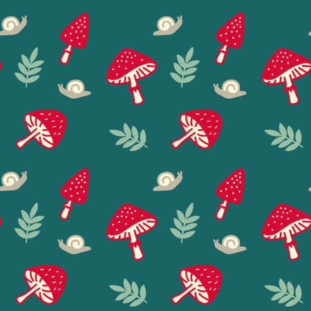 Seamless vector pattern with mushrooms. Amanita forest mushrooms. For fabric, paper, wrap, textile, poster, scrapbooking, wallpaper or background, for web site or mobile app.のイラスト素材