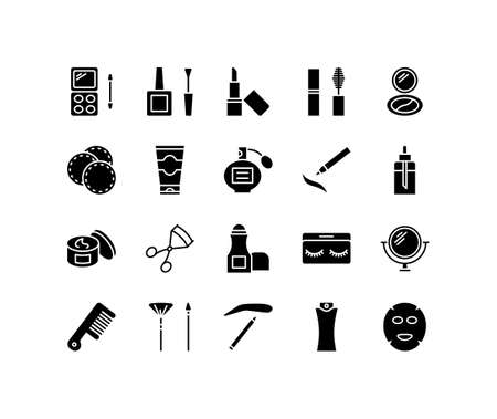 Cosmetics flat line icon set. Contains such signs as cream, lipstick, perfume, mascara, makeup Brush and more. Simple flat vector illustration for web site or mobile app.のイラスト素材