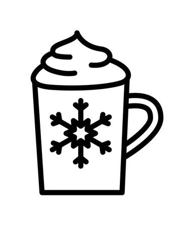 Winter drinks flat line icon. Tea, cocoa with marshmallows, winter warming drinks and hot cappuccino and latte cups. Outline sign for mobile concept and web design, store.のイラスト素材