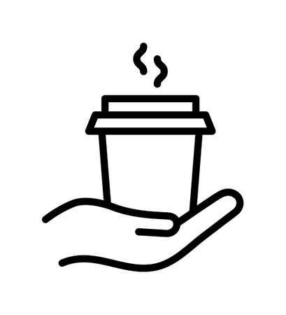 Winter drinks flat line icon. Tea, cocoa with marshmallows, winter warming drinks and hot cappuccino and latte cups. Outline sign for mobile concept and web design, store.のイラスト素材